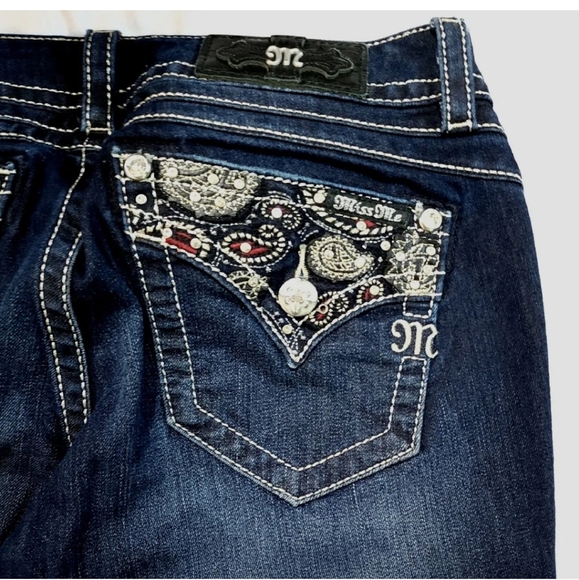 Miss Me jeans Sz 28 Signature Boot Stretch Denim Low Rise Red Bling Dark EUC - Picture 3 of 14